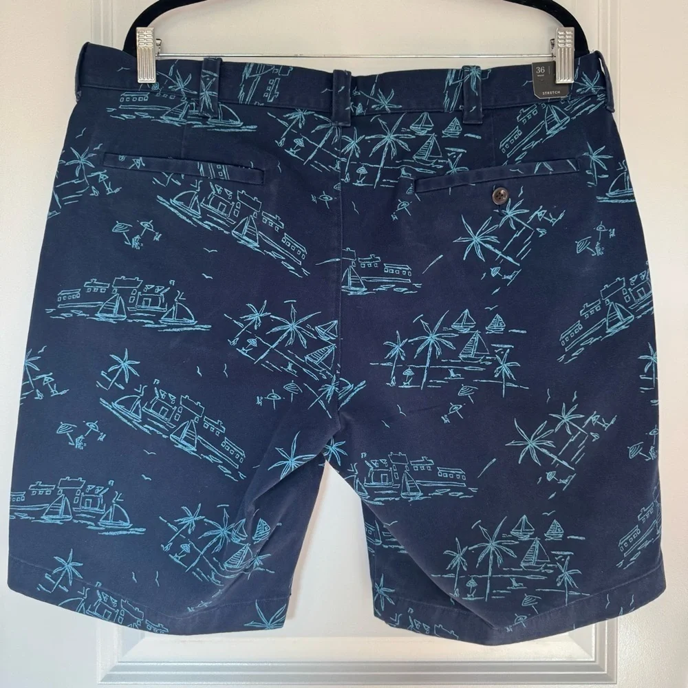 NEW J. Crew Chino Stretch Navy Blue Island Sailboat Print Size 36 Shorts